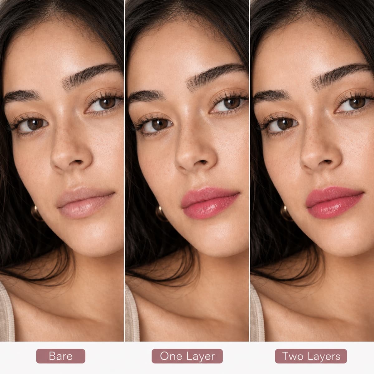 Scarlet Shine lip tint shown in soft and more built-up layers