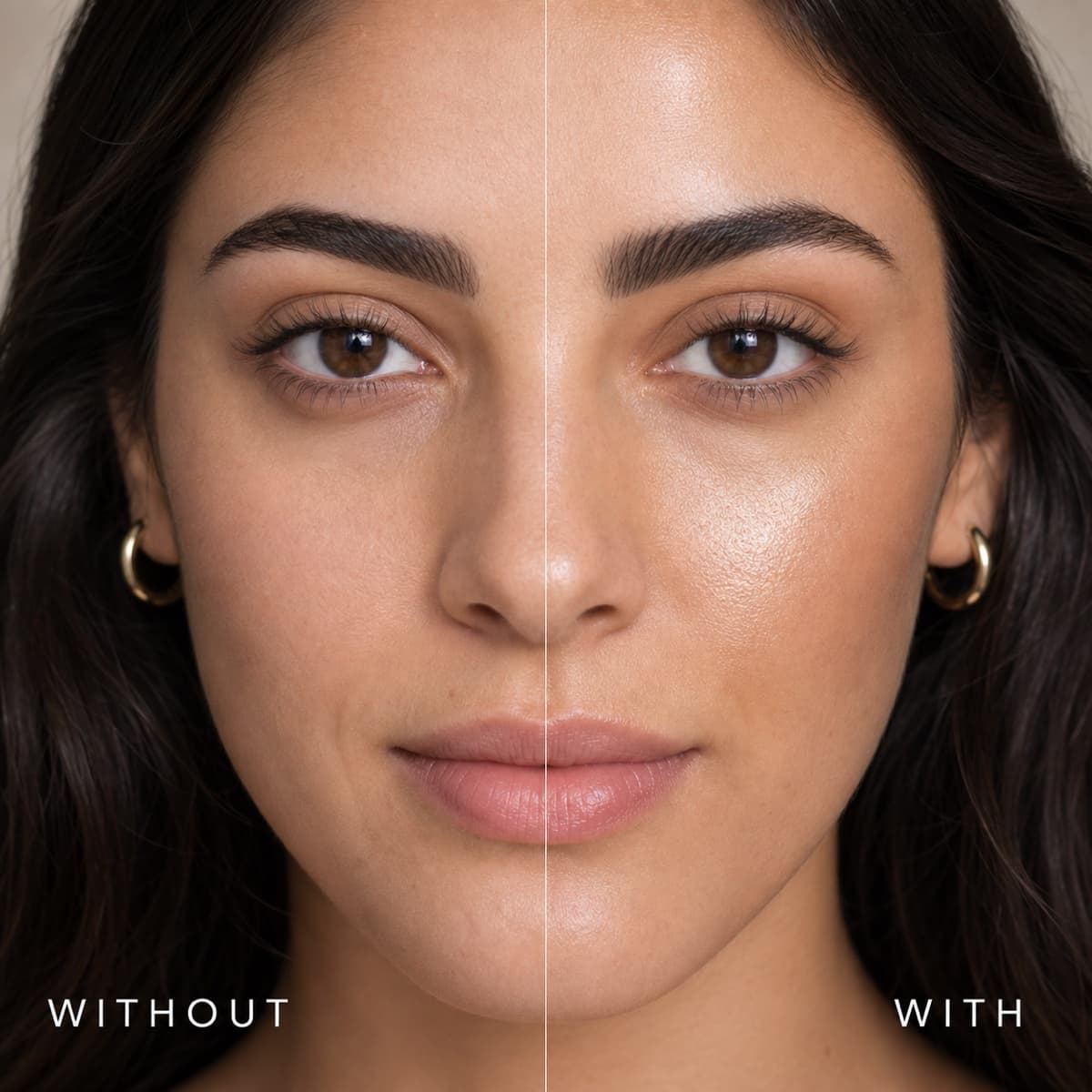 Half-face comparison showing Sunrise liquid highlighter